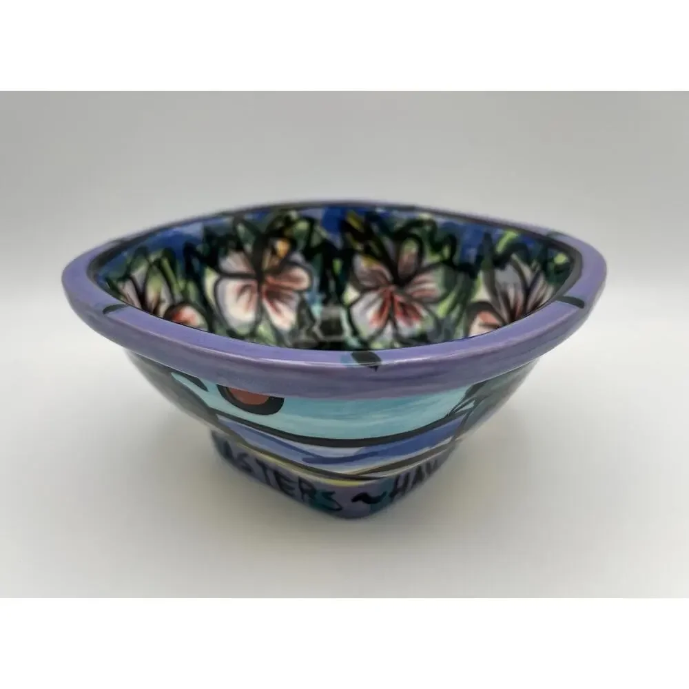 Hawaiian Hand Painted Square Pottery Bowl 8” Signed Kauai Masters 1997 Vintage